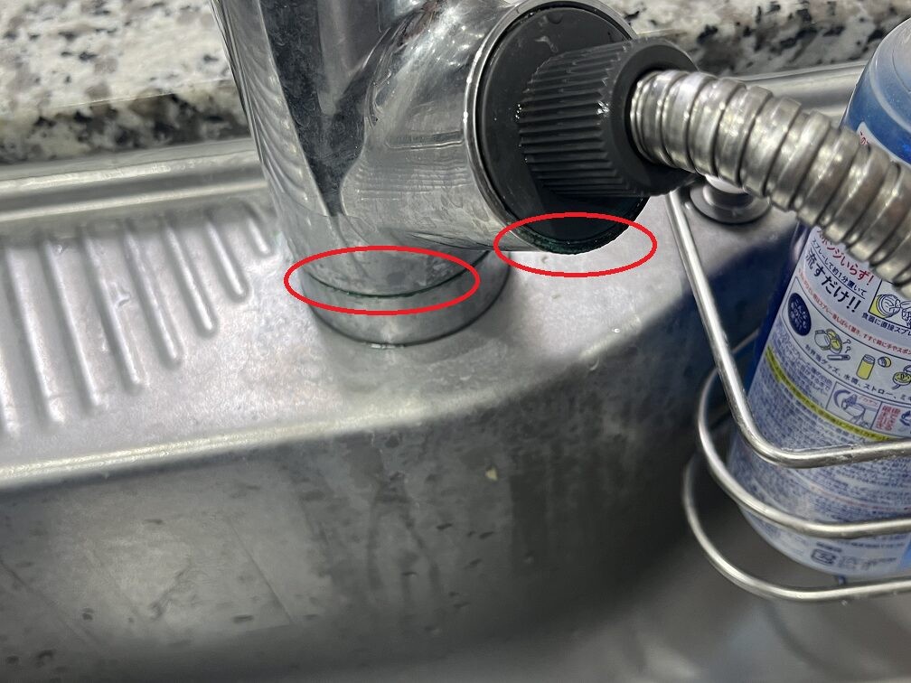 蛇口の根本とシャワー水栓の根本に緑青がある